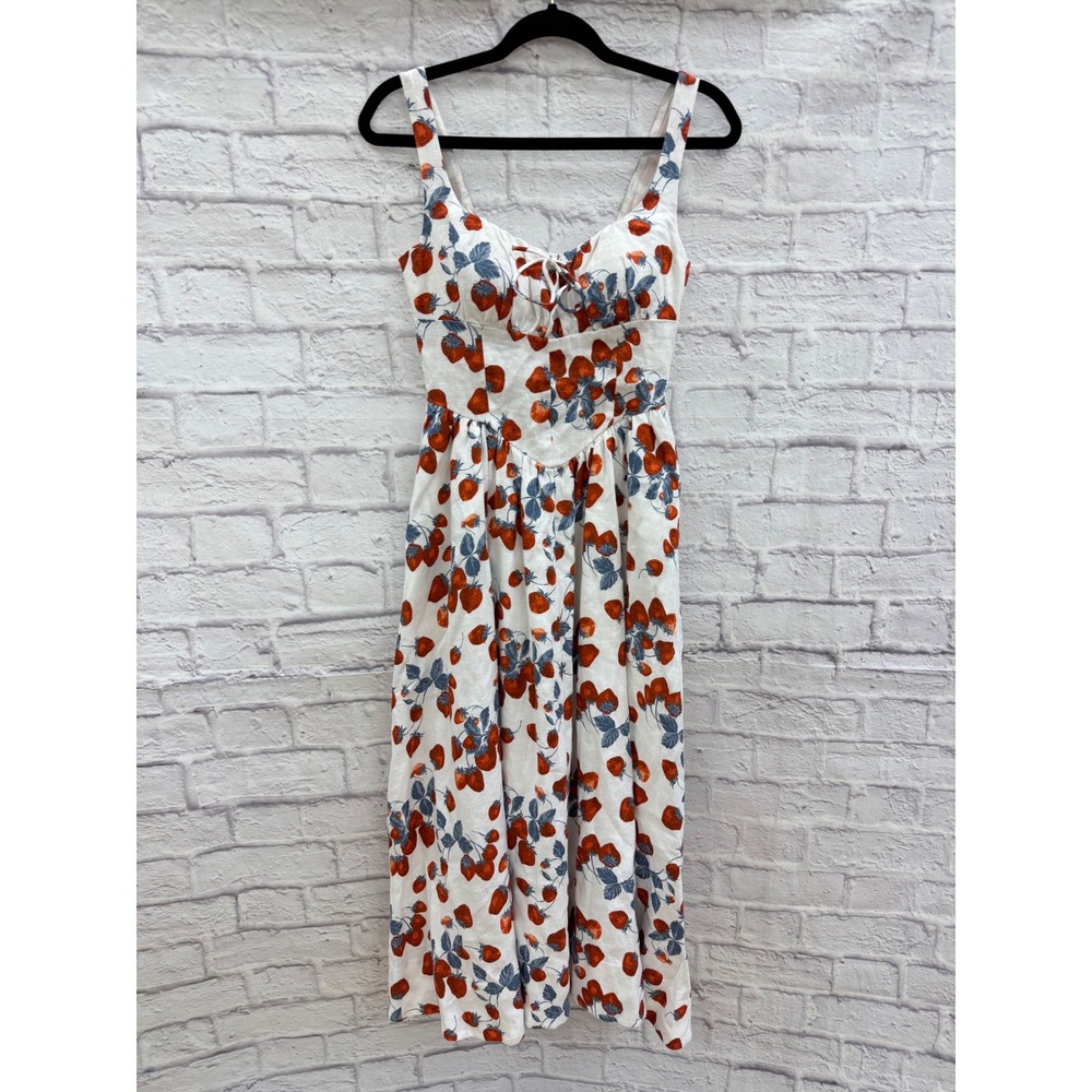 Reformation Balia Linen Strawberry Print Basque Waist Midi Dress White Red Sz 2 - Picture 11 of 16